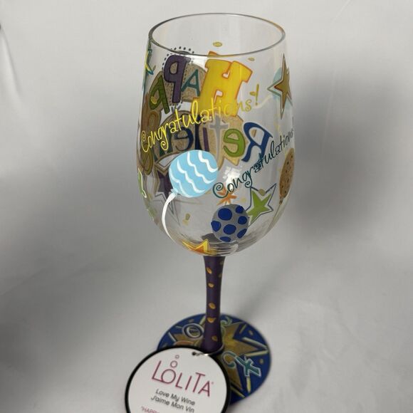 Lolita Hand Painted Wine Glass 15 oz Happy Retirement with Original Box - Picture 3 of 10